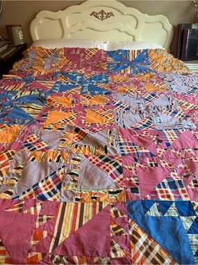 Handmade Multicolor Patchwork Quilt - Pink, Blue, Orange MCM decor